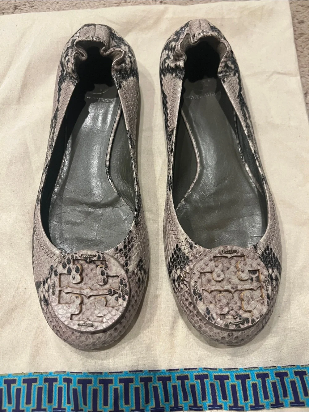 Tory Burch Snakeskin-Print Reva Ballet Flats in Taupe - Picture 5 of 7